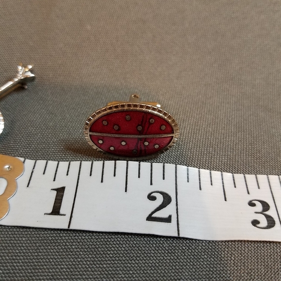 VTG cufflinks tie bar set red silver tone trident - Picture 2 of 11